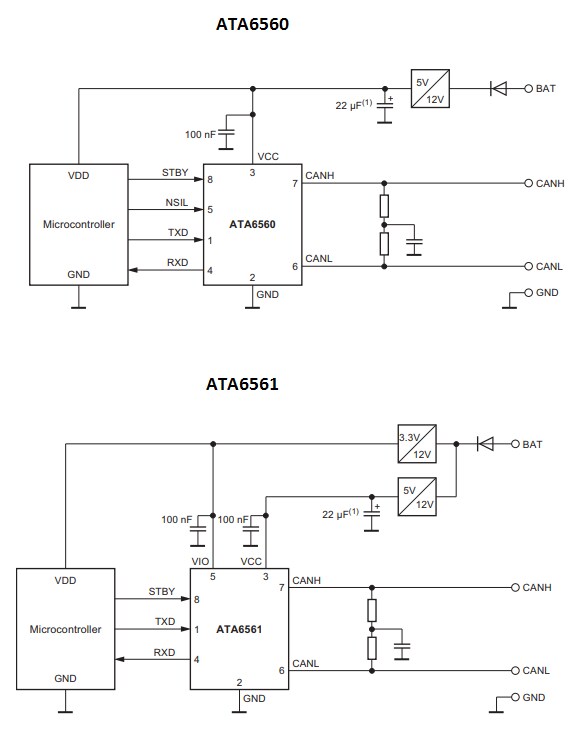 Application Circuit Diagram - Microchip Technology ATA6560/ATA6561 High-Speed CAN Transceivers